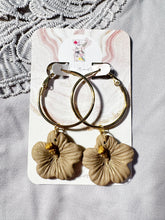 Load image into Gallery viewer, Tan Hibiscus Hoop Dangles
