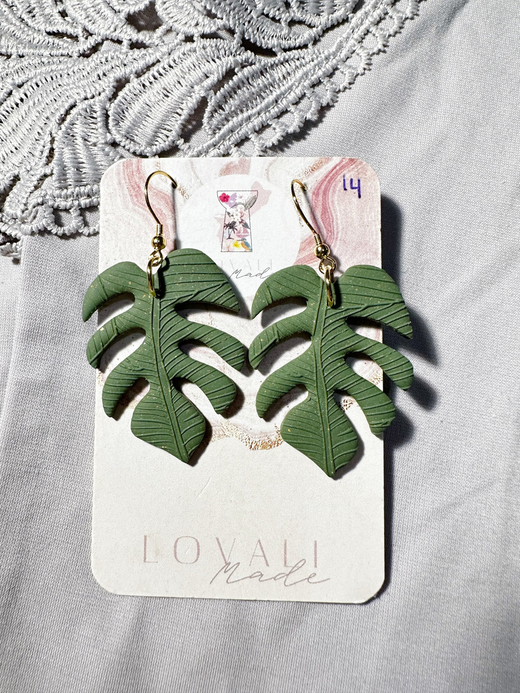 Gold Flake Green Lemmai Leaf Earrings